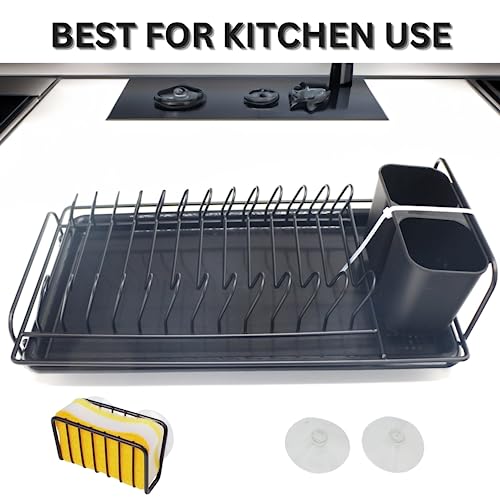 GAWIRO Black Dish Drying Rack with Drainboard Stainless Steel Dish Racks for Kitchen Counter, Kitchen Drying Rack with Utensil Holder and Spongy Holder - Design for Long-Lasting and Space Saver