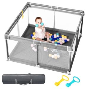 dear lov baby playpen, 50"x50" baby playard, playpen for babies and toddlers with gate, small baby playpen, indoor & outdoor kid activity center with anti-slip base, sturdy safety with soft mesh(gray)