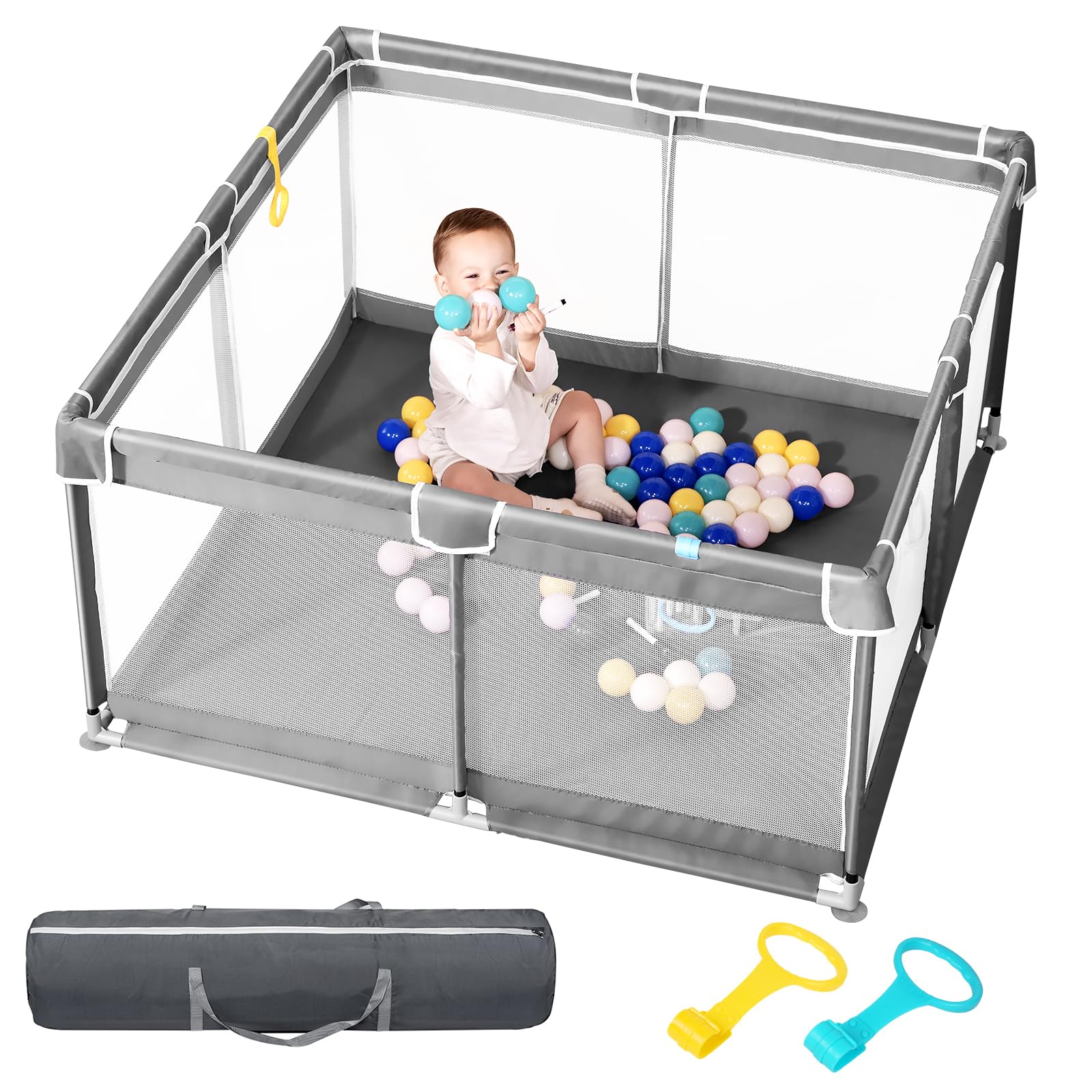 DEAR LOV Baby Playpen, 50"x50" Baby Playard, Playpen for Babies and Toddlers with Gate, Small Baby Playpen, Indoor & Outdoor Kid Activity Center with Anti-Slip Base, Sturdy Safety with Soft Mesh(Gray)