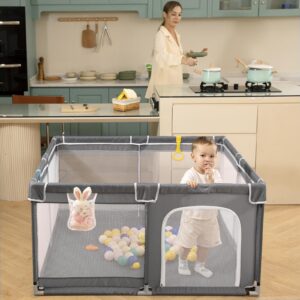 DEAR LOV Baby Playpen, 50"x50" Baby Playard, Playpen for Babies and Toddlers with Gate, Small Baby Playpen, Indoor & Outdoor Kid Activity Center with Anti-Slip Base, Sturdy Safety with Soft Mesh(Gray)