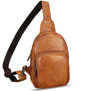 feigitor genuine leather sling bag retro crossbody sling backpack handmade chest shoulder daypack cycling bag purse fanny pack (brown)