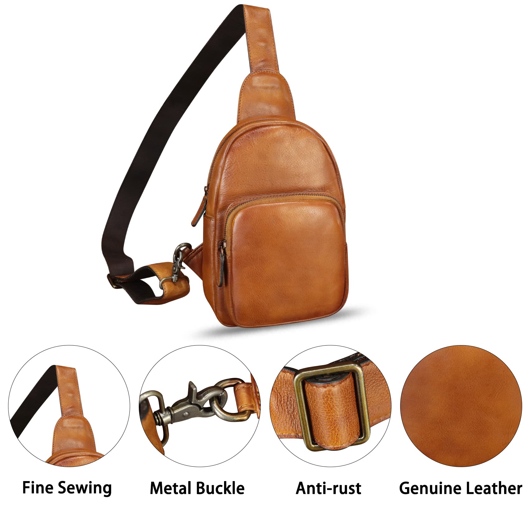 FEIGITOR Genuine Leather Sling Bag Retro Crossbody Sling Backpack Handmade Chest Shoulder Daypack Cycling Bag Purse Fanny Pack (Brown)