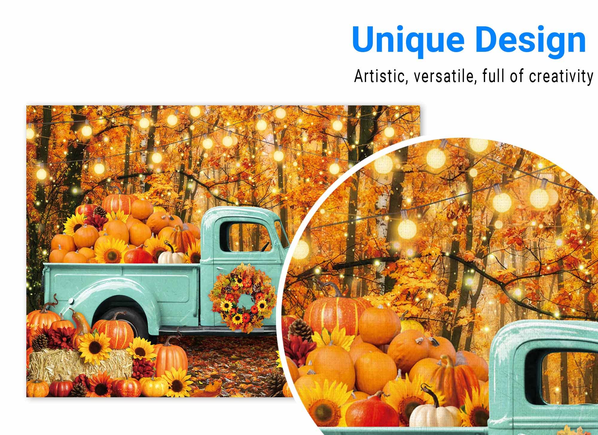 Funnytree 8 x 6 FT Autumn Forest Blue Truck Backdrop for Portrait Photography Picture Fall Harvest Pumpkin Farm Thanksgiving Day Baby Shower Friendsgiving Party Supplies Decoration Banner Background