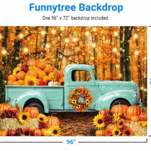 Funnytree 8 x 6 FT Autumn Forest Blue Truck Backdrop for Portrait Photography Picture Fall Harvest Pumpkin Farm Thanksgiving Day Baby Shower Friendsgiving Party Supplies Decoration Banner Background