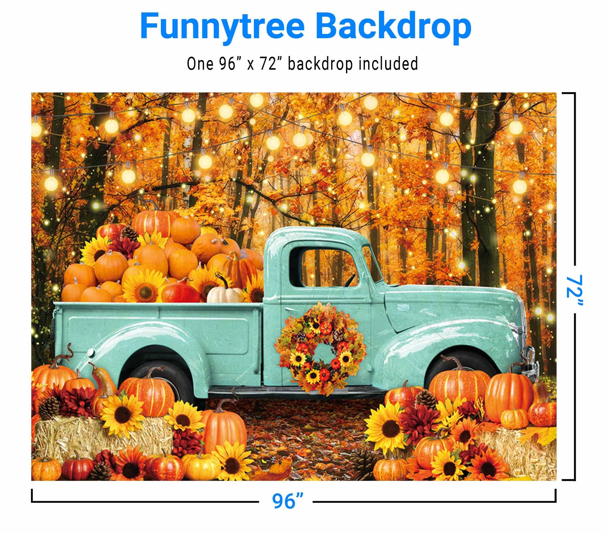 Funnytree 8 x 6 FT Autumn Forest Blue Truck Backdrop for Portrait Photography Picture Fall Harvest Pumpkin Farm Thanksgiving Day Baby Shower Friendsgiving Party Supplies Decoration Banner Background