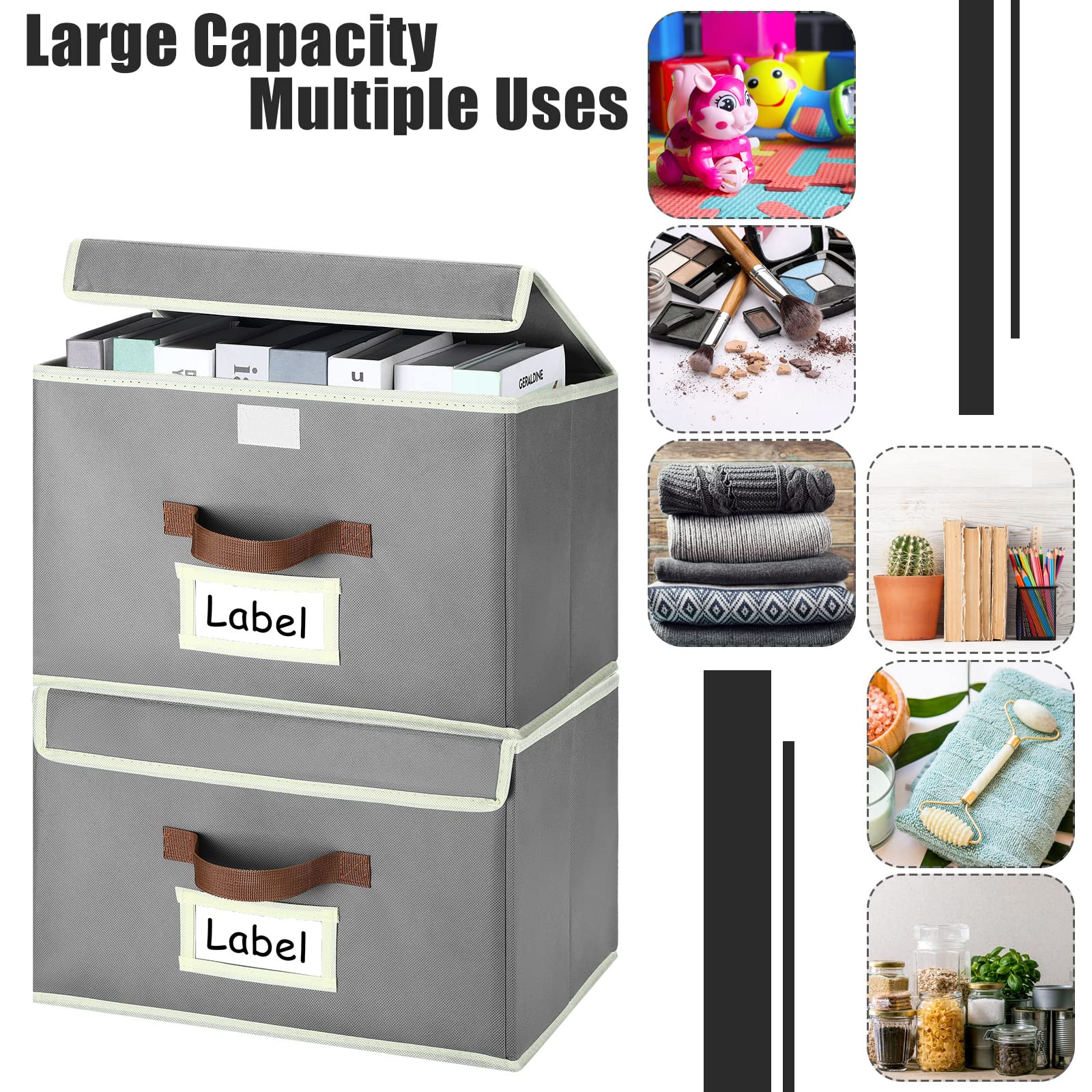 4 Pieces Fabric Foldable Storage Collapsible Cube Bin Organizer Basket with Flip-Top Lid & Handles Toy Clothes Blanket Box for Nursery, Playroom, Home, Office, Closet, 15 x 10 x 10 Inch (Light Gray)