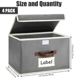 4 Pieces Fabric Foldable Storage Collapsible Cube Bin Organizer Basket with Flip-Top Lid & Handles Toy Clothes Blanket Box for Nursery, Playroom, Home, Office, Closet, 15 x 10 x 10 Inch (Light Gray)