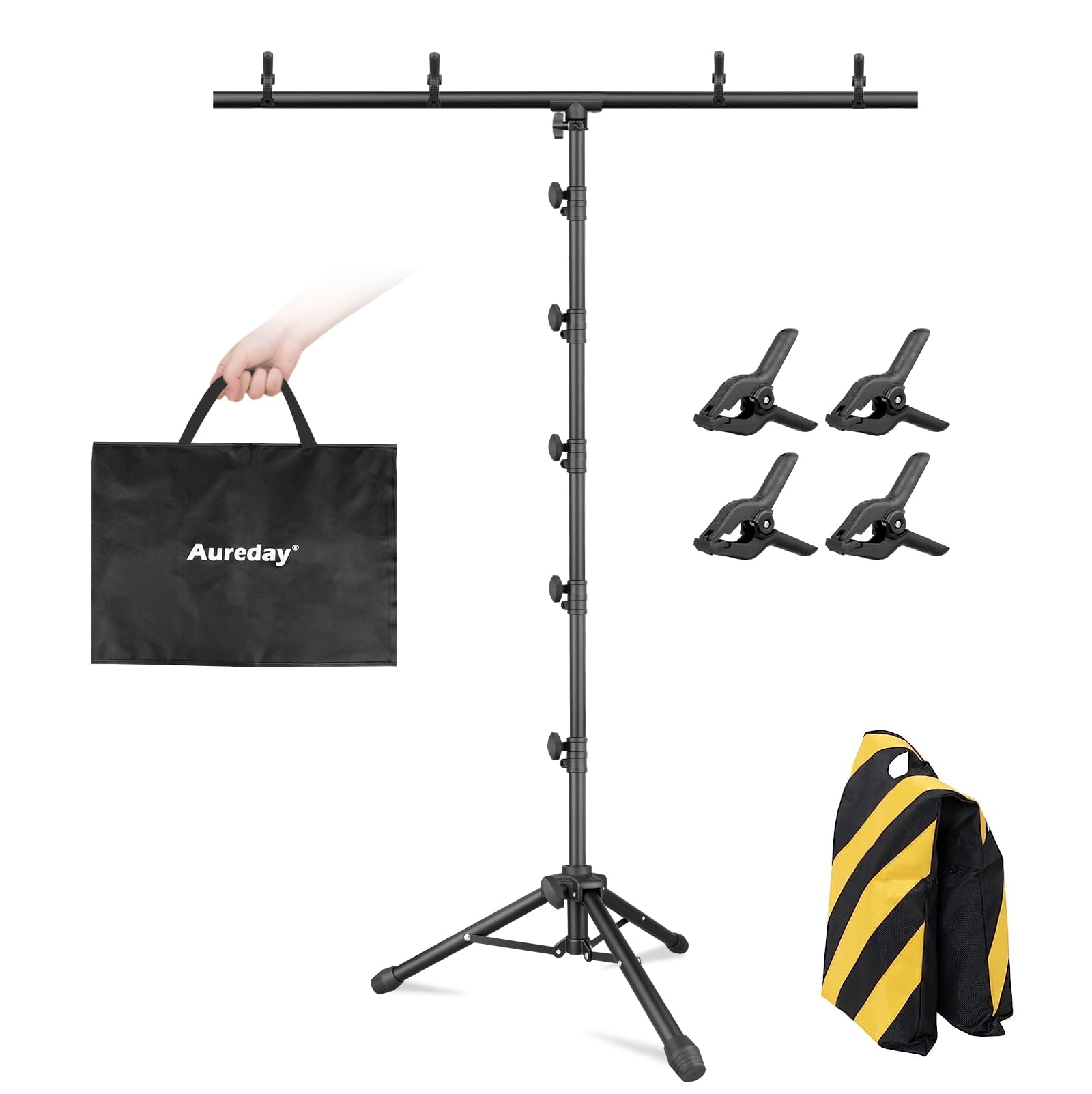 Aureday 8x5FT T-Shape Backdrop Stand, Adjustable Backdrop Stand Kit with Horizontal Pole, 4 Spring Clamps, Sandbag, and Black Carrying Bag for Parties/Wedding/Photography/Decoration