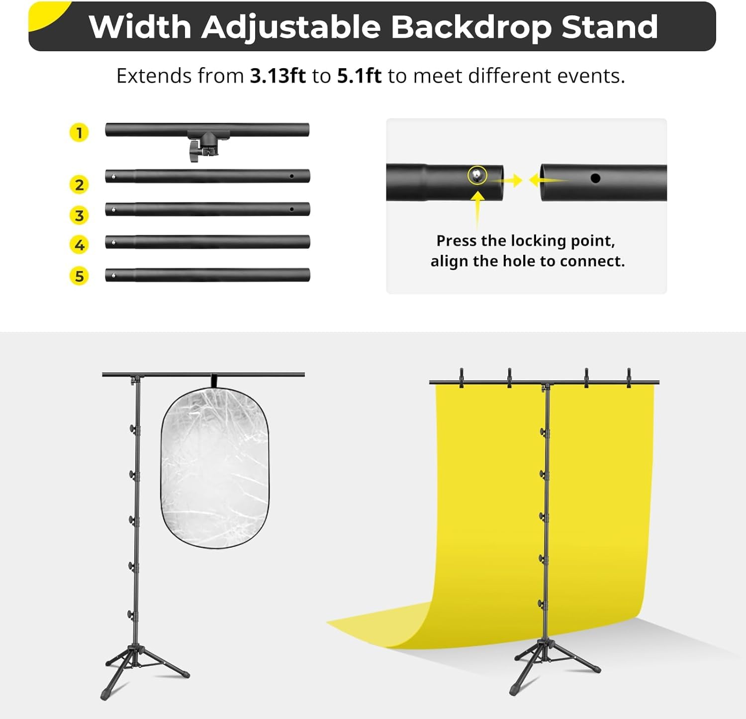 Aureday 8x5FT T-Shape Backdrop Stand, Adjustable Backdrop Stand Kit with Horizontal Pole, 4 Spring Clamps, Sandbag, and Black Carrying Bag for Parties/Wedding/Photography/Decoration