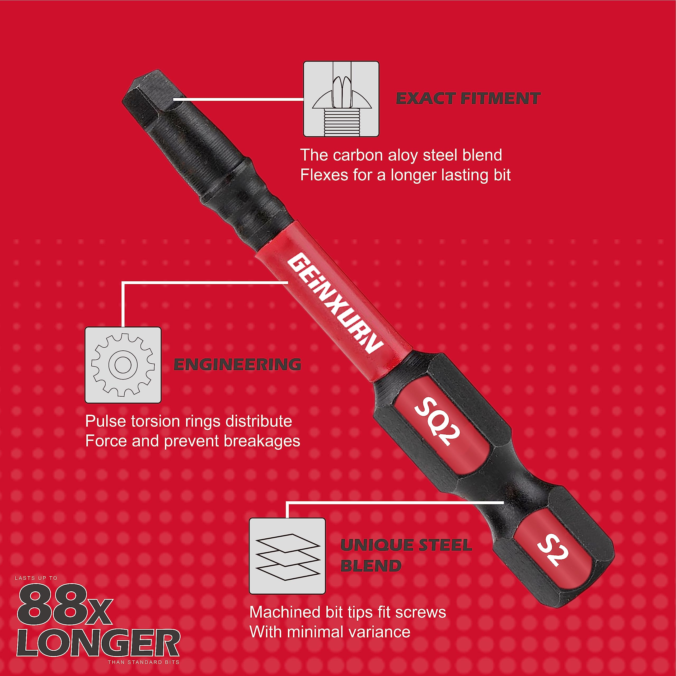 GEINXURN Impact Tough #2 Square 2 in. Insert Driver Bits,50Pack SQ2 Screwdriver Bits Set 2”Long with 1Pcs Impact Bit Holder,Bulk