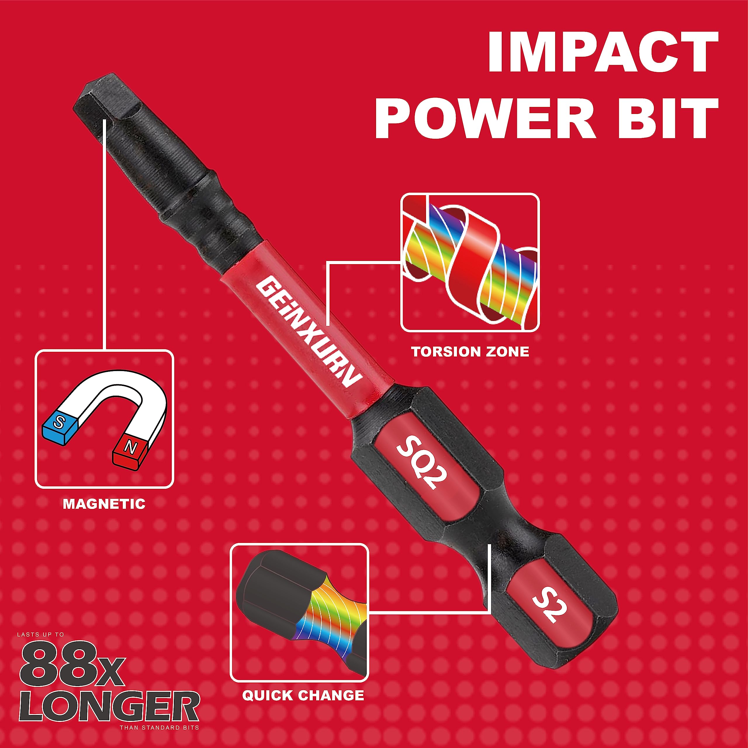 GEINXURN Impact Tough #2 Square 2 in. Insert Driver Bits,50Pack SQ2 Screwdriver Bits Set 2”Long with 1Pcs Impact Bit Holder,Bulk