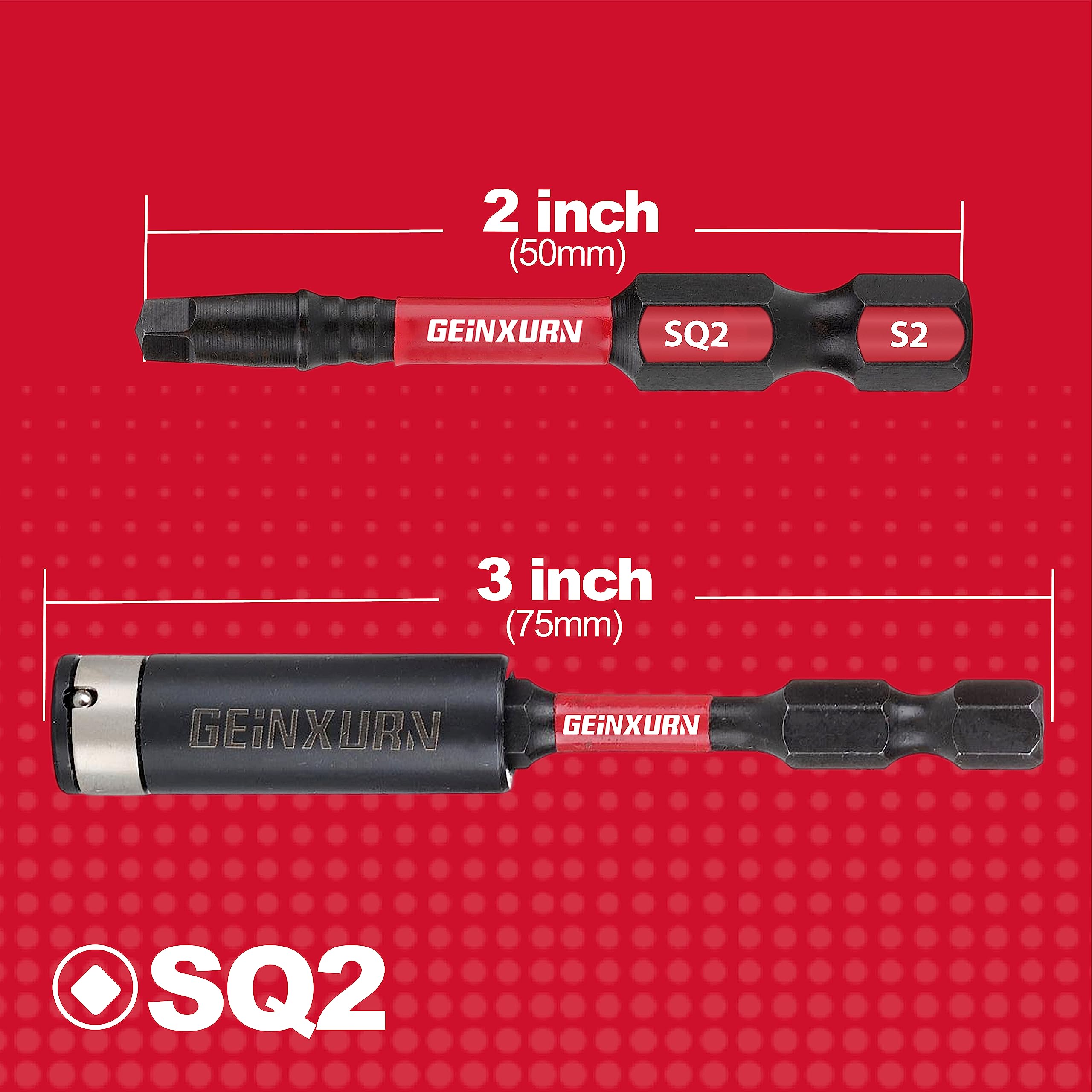 GEINXURN Impact Tough #2 Square 2 in. Insert Driver Bits,50Pack SQ2 Screwdriver Bits Set 2”Long with 1Pcs Impact Bit Holder,Bulk