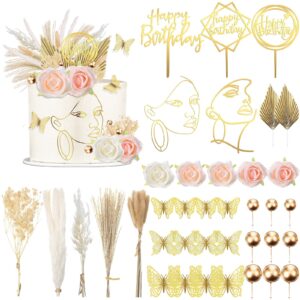 mtlee 51 pcs boho cake topper decorations vintage artificial rose flower pampas grass acrylic minimalist art lady face happy birthday ball cake topper for wedding baby shower (champagne flower)