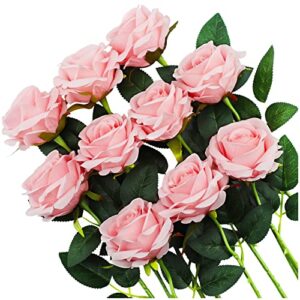 heofloliy 10pcs fake roses pink roses silk artificial flowers with steam bridal bouquets for party wedding decoration table centerpiece arrangement (pink)