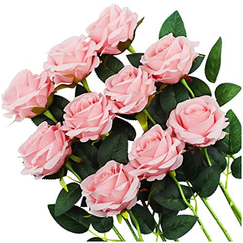 Heofloliy 10PCS Fake Roses Pink Roses Silk Artificial Flowers with Steam Bridal Bouquets for Party Wedding Decoration Table Centerpiece Arrangement (Pink)