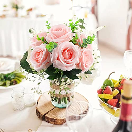 Heofloliy 10PCS Fake Roses Pink Roses Silk Artificial Flowers with Steam Bridal Bouquets for Party Wedding Decoration Table Centerpiece Arrangement (Pink)