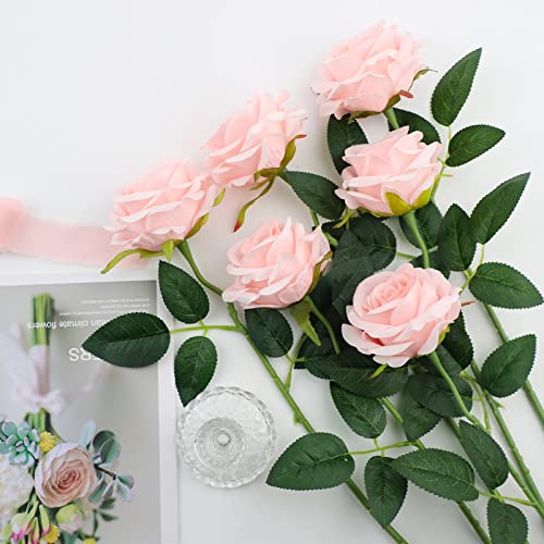 Heofloliy 10PCS Fake Roses Pink Roses Silk Artificial Flowers with Steam Bridal Bouquets for Party Wedding Decoration Table Centerpiece Arrangement (Pink)