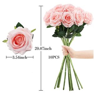 Heofloliy 10PCS Fake Roses Pink Roses Silk Artificial Flowers with Steam Bridal Bouquets for Party Wedding Decoration Table Centerpiece Arrangement (Pink)