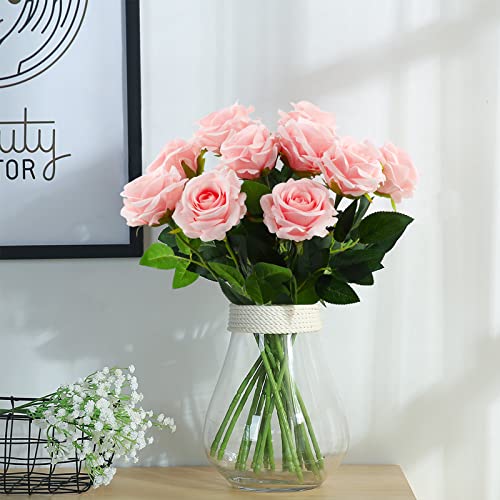 Heofloliy 10PCS Fake Roses Pink Roses Silk Artificial Flowers with Steam Bridal Bouquets for Party Wedding Decoration Table Centerpiece Arrangement (Pink)