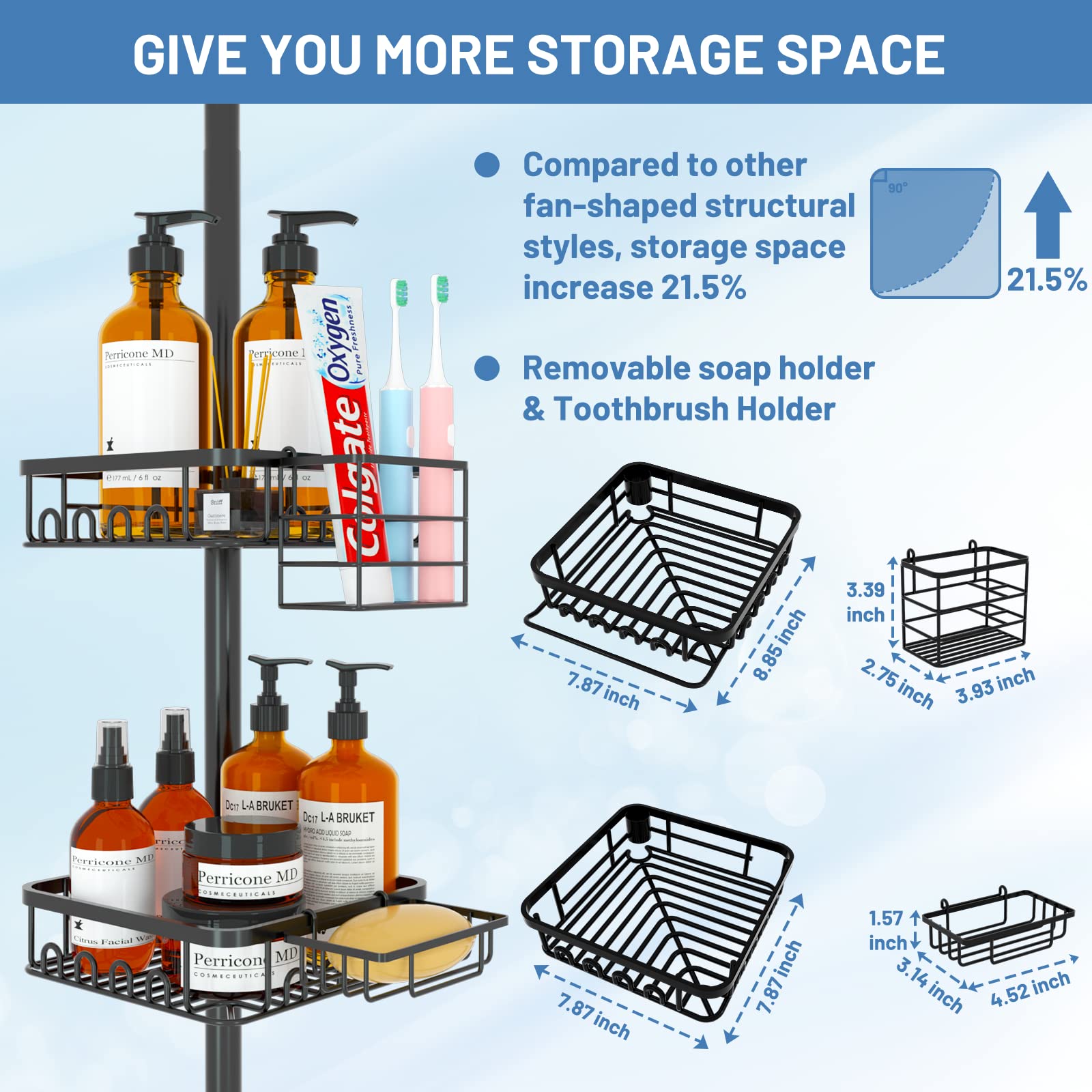 Shower Caddy Corner Organizer for Bathroom, Rustproof Stainless Design, 4 Large Shower Shelves and 2 Small Basket for Storage, Adjustable Height Tension Pole Extend from 23.6 to 114.5 Inch (Black)