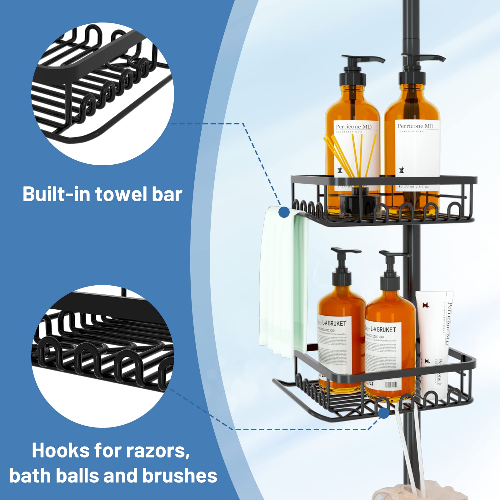 Shower Caddy Corner Organizer for Bathroom, Rustproof Stainless Design, 4 Large Shower Shelves and 2 Small Basket for Storage, Adjustable Height Tension Pole Extend from 23.6 to 114.5 Inch (Black)