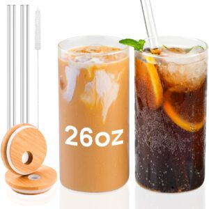 Glass Cups with Lids and Straws, 26oz Borosilicate Glass Tumbler with Straws and Bamboo Lids Reusable Clear Iced Coffee Cups for Coffee Milk Tea Juice DIY Drinks Coffee Bar Accessories- 2 Pack