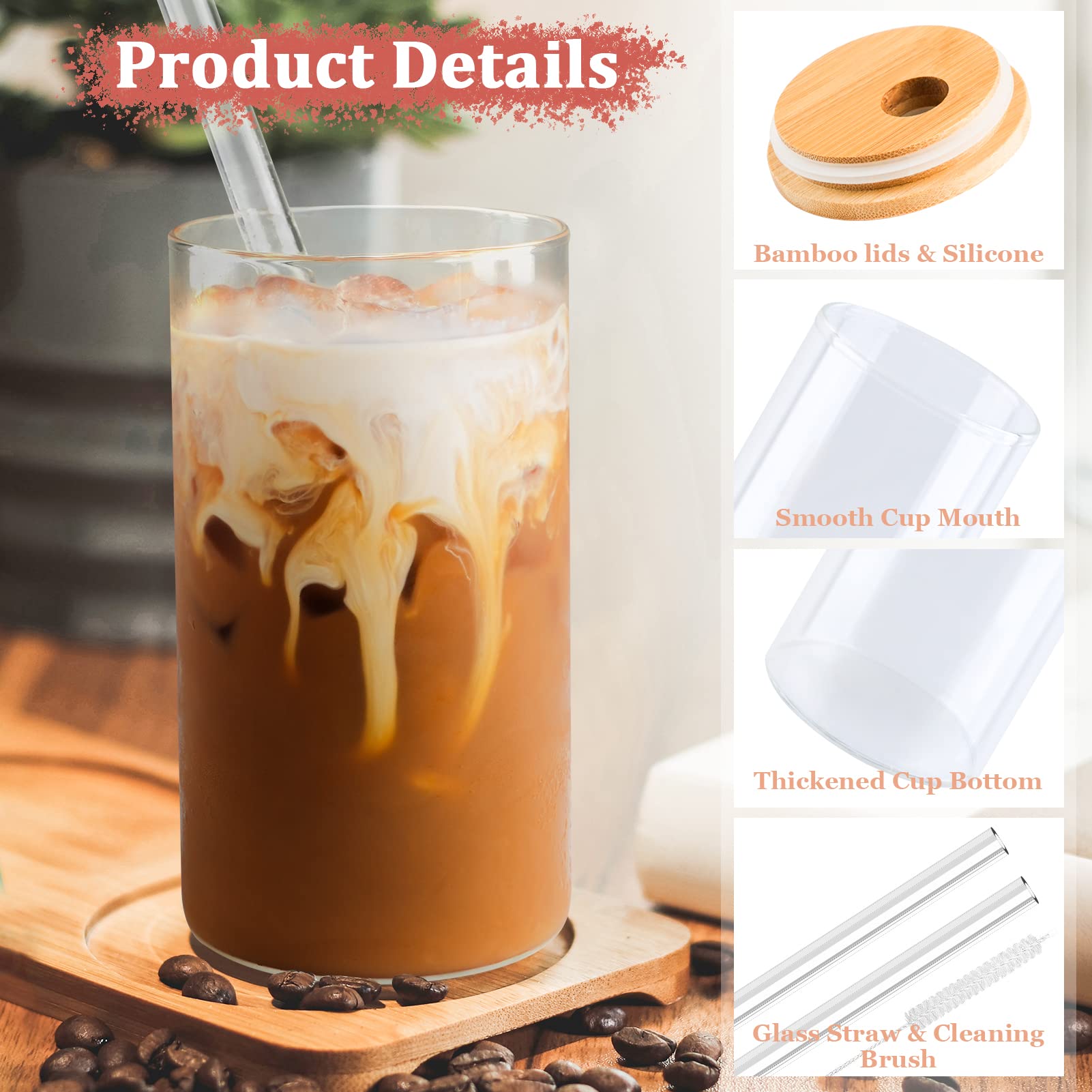 Glass Cups with Lids and Straws, 26oz Borosilicate Glass Tumbler with Straws and Bamboo Lids Reusable Clear Iced Coffee Cups for Coffee Milk Tea Juice DIY Drinks Coffee Bar Accessories- 2 Pack