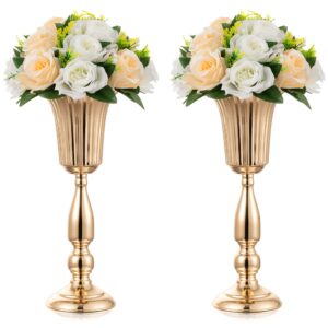 gold vase wedding centerpieces for tables - 2 pcs tall trumpet vases for centerpieces table decorations, 15.7in metal tabletop flower stand, wedding reception flower vase for birthday, home decor