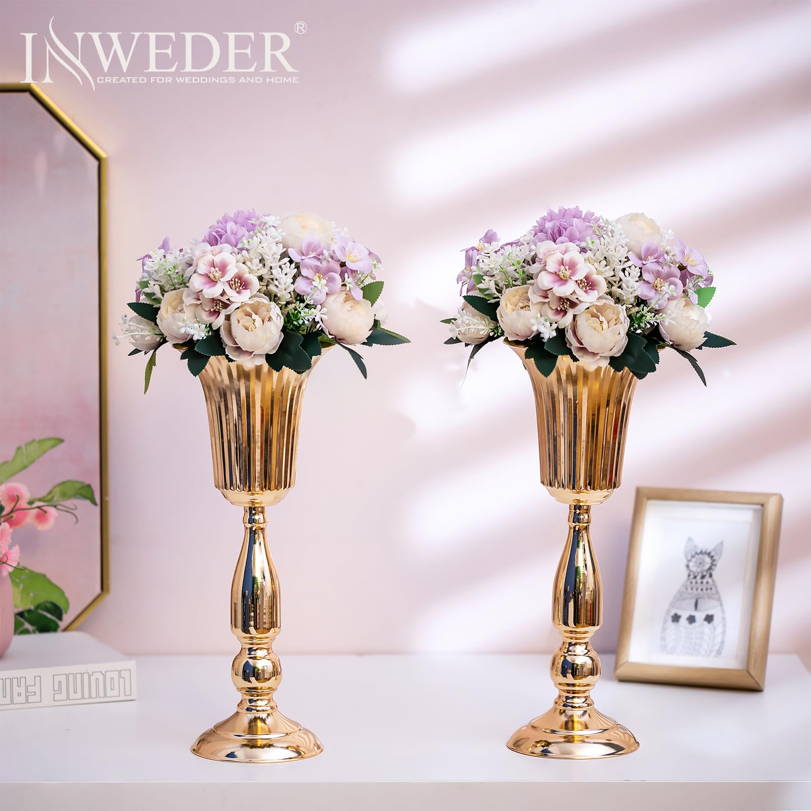 Gold Vase Wedding Centerpieces for Tables - 2 Pcs Tall Trumpet Vases for Centerpieces Table Decorations, 15.7in Metal Tabletop Flower Stand, Wedding Reception Flower Vase for Birthday, Home Decor