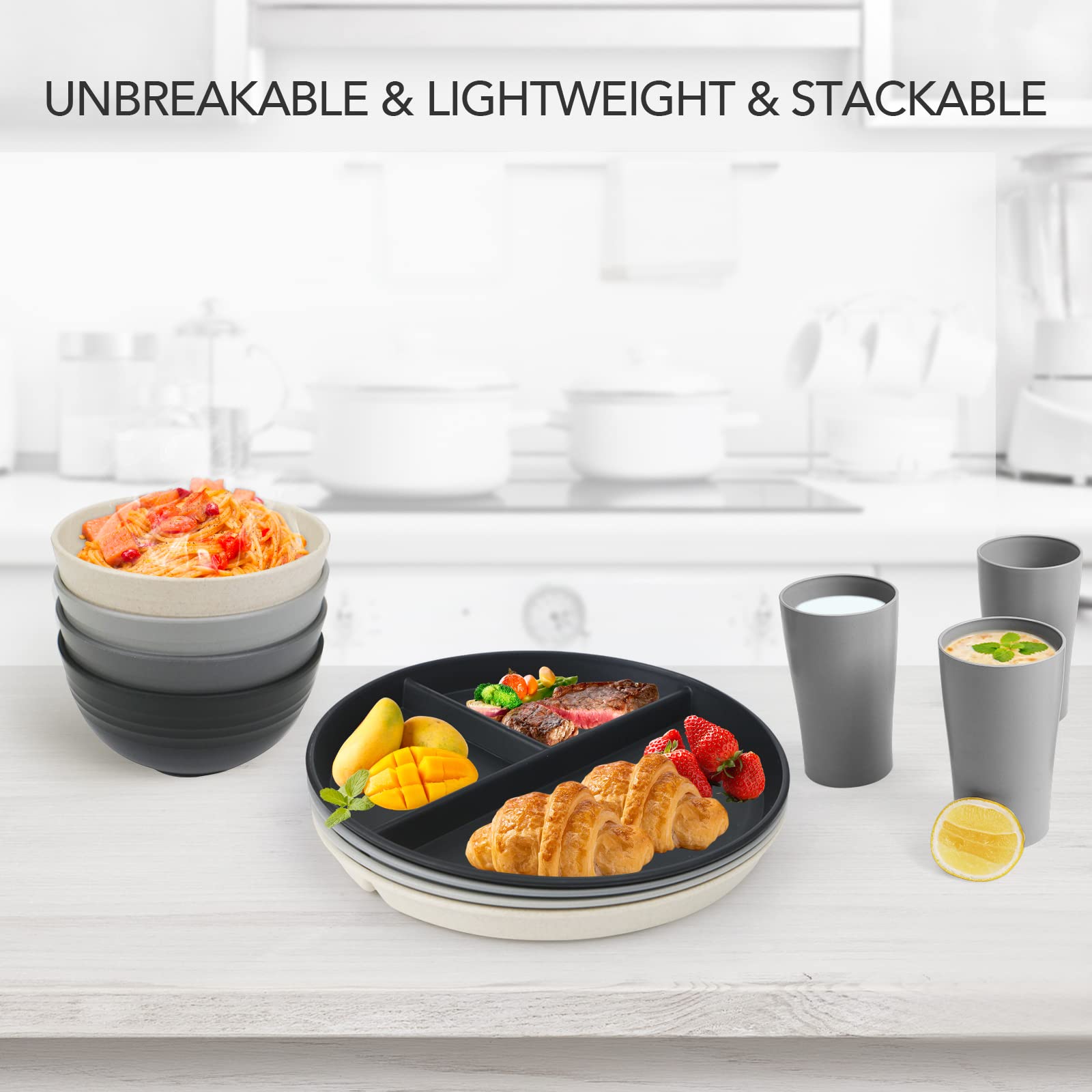 greenandlife 9 Inch (4PCS) Unbreakable Divided Plates for Kids Adults, Dishwasher & Microwave Safe Compartment Plates, Lightweight Reusable Plastic Portion Control Plates, BPA Free and Healthy