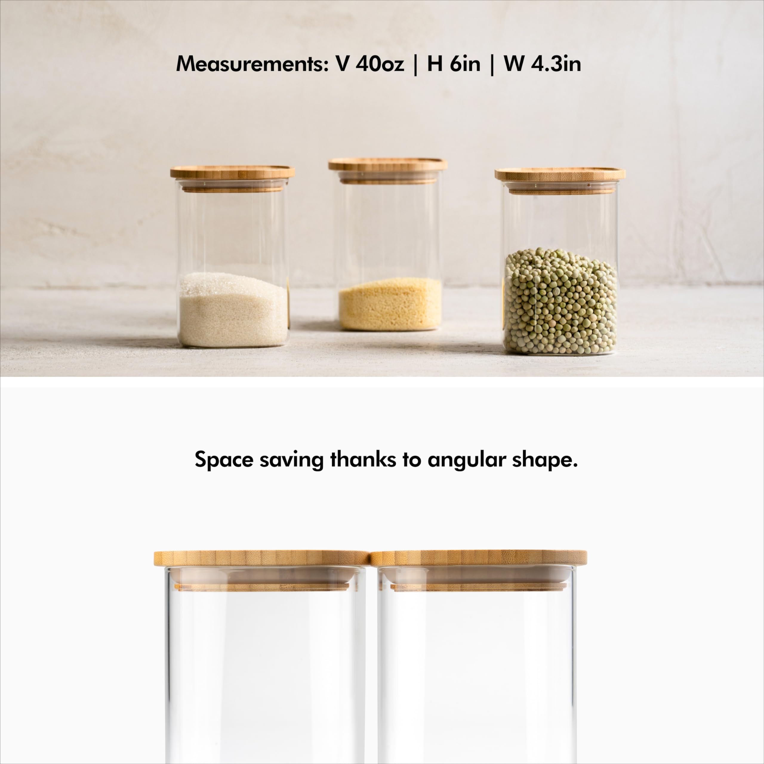 KIVY Square Glass Jars with Bamboo Lids [3x 40oz] Stackable & Airtight Glass Jars - Glass canisters with airtight lids - Glass containers with bamboo lids - Glass storage jars with airtight lids