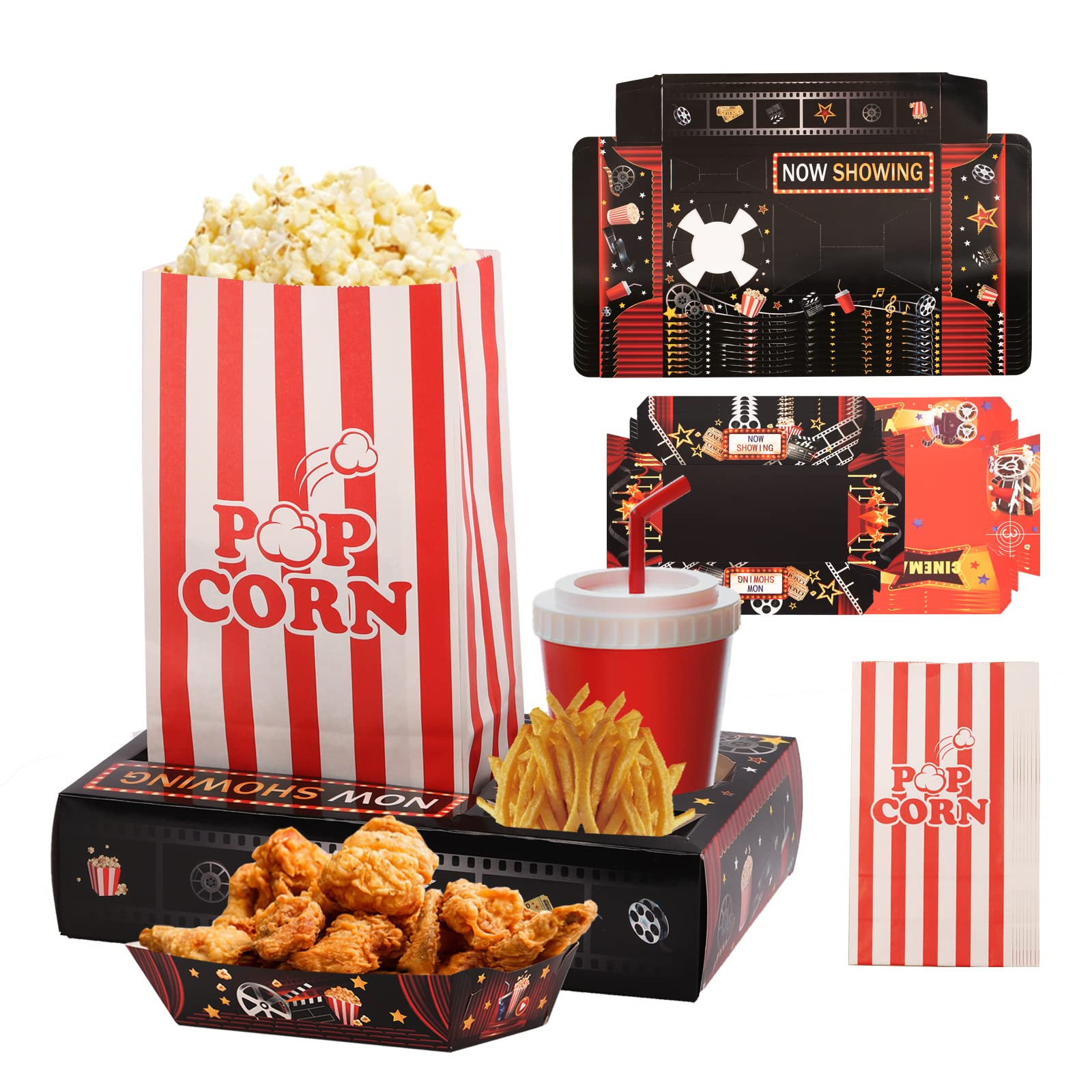 RIKICACA Movie Night Snack Trays with Popcorn Bags and Food Trays, Movie Night Supplies for Movie Theater Family Birthday Party, Outdoor Movie Night Boxes Accessories Kit for Kids