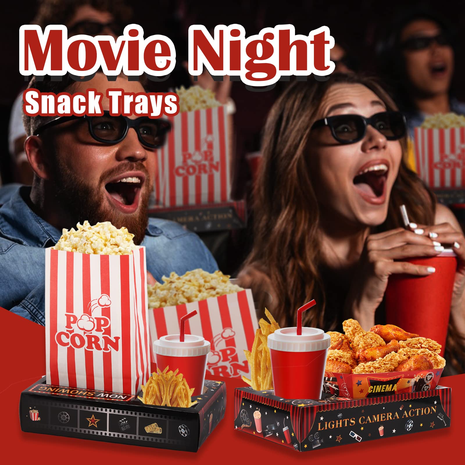 RIKICACA Movie Night Snack Trays with Popcorn Bags and Food Trays, Movie Night Supplies for Movie Theater Family Birthday Party, Outdoor Movie Night Boxes Accessories Kit for Kids