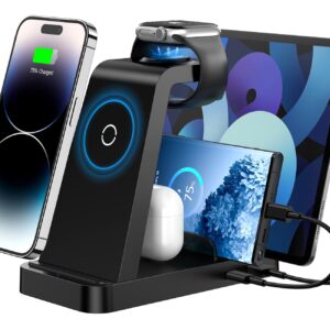 Wireless Charger for iPhone - 5 in 1 Charging Station for Multiple Devices Apple: Fast Wireless Charging Stand Dock for iPhone 15 14 13 12 Pro Max Apple Watch Airpods