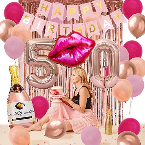 50th Birthday Decorations Women Rose Gold Hot Pink 50 and Fabulous Birthday Decor Cheers to 50 Years Rose Gold Happy Birthday Banner Curtain 50 Balloon Number Fifty Party Decor Lips Bottle Balloon