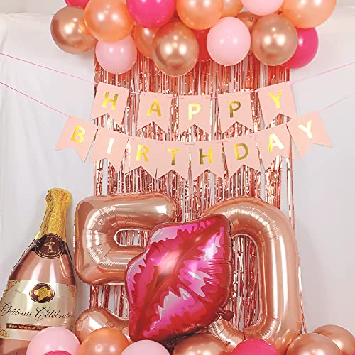 50th Birthday Decorations Women Rose Gold Hot Pink 50 and Fabulous Birthday Decor Cheers to 50 Years Rose Gold Happy Birthday Banner Curtain 50 Balloon Number Fifty Party Decor Lips Bottle Balloon