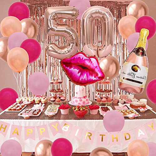 50th Birthday Decorations Women Rose Gold Hot Pink 50 and Fabulous Birthday Decor Cheers to 50 Years Rose Gold Happy Birthday Banner Curtain 50 Balloon Number Fifty Party Decor Lips Bottle Balloon