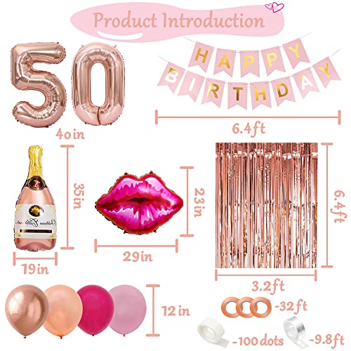 50th Birthday Decorations Women Rose Gold Hot Pink 50 and Fabulous Birthday Decor Cheers to 50 Years Rose Gold Happy Birthday Banner Curtain 50 Balloon Number Fifty Party Decor Lips Bottle Balloon