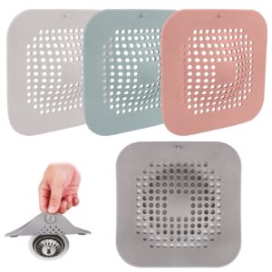 4 pack shower drain hair catcher, convex silicone hair stopper for shower drain with suction cup, square bathtub drain cover for bathroom, bathtub, kitchen