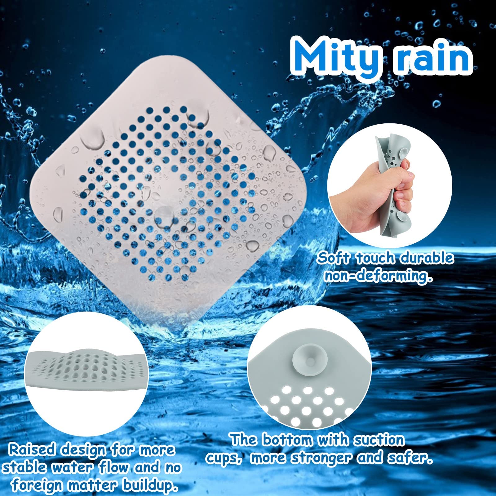 4 Pack Shower Drain Hair Catcher, Convex Silicone Hair Stopper for Shower Drain with Suction Cup, Square Bathtub Drain Cover for Bathroom, Bathtub, Kitchen