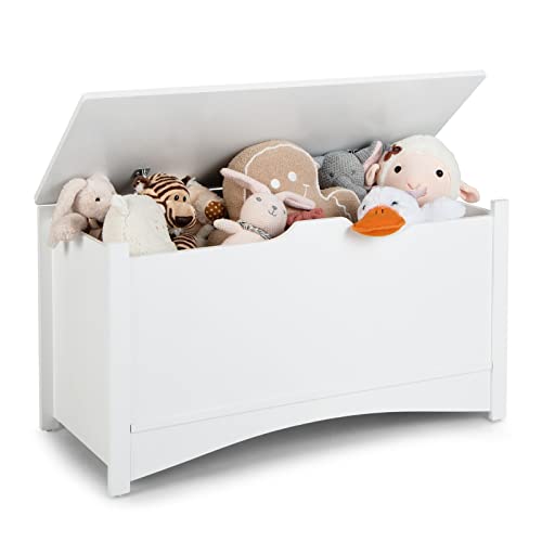 Costzon Wooden Toy Box, 36” Kids Large Storage Trunk Bench Organizer with Safety Hinges, Children's Home Playroom Bedroom Furniture, Easy Assembly, Toy Chest for Girls, Boys (White)