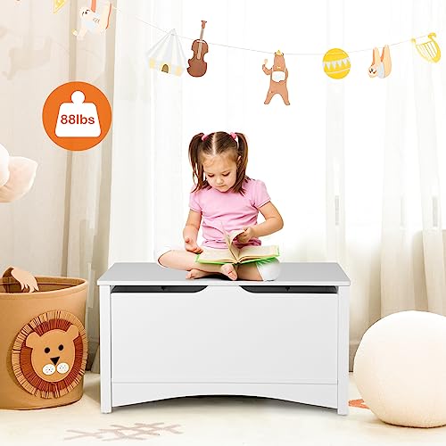 Costzon Wooden Toy Box, 36” Kids Large Storage Trunk Bench Organizer with Safety Hinges, Children's Home Playroom Bedroom Furniture, Easy Assembly, Toy Chest for Girls, Boys (White)