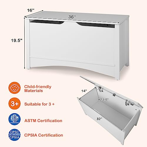 Costzon Wooden Toy Box, 36” Kids Large Storage Trunk Bench Organizer with Safety Hinges, Children's Home Playroom Bedroom Furniture, Easy Assembly, Toy Chest for Girls, Boys (White)