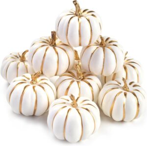 bigotters 10pcs pumpkins for decoration, artificial pumpkin with gold lines small white foam pumpkins for fall thanksgiving halloween table decor