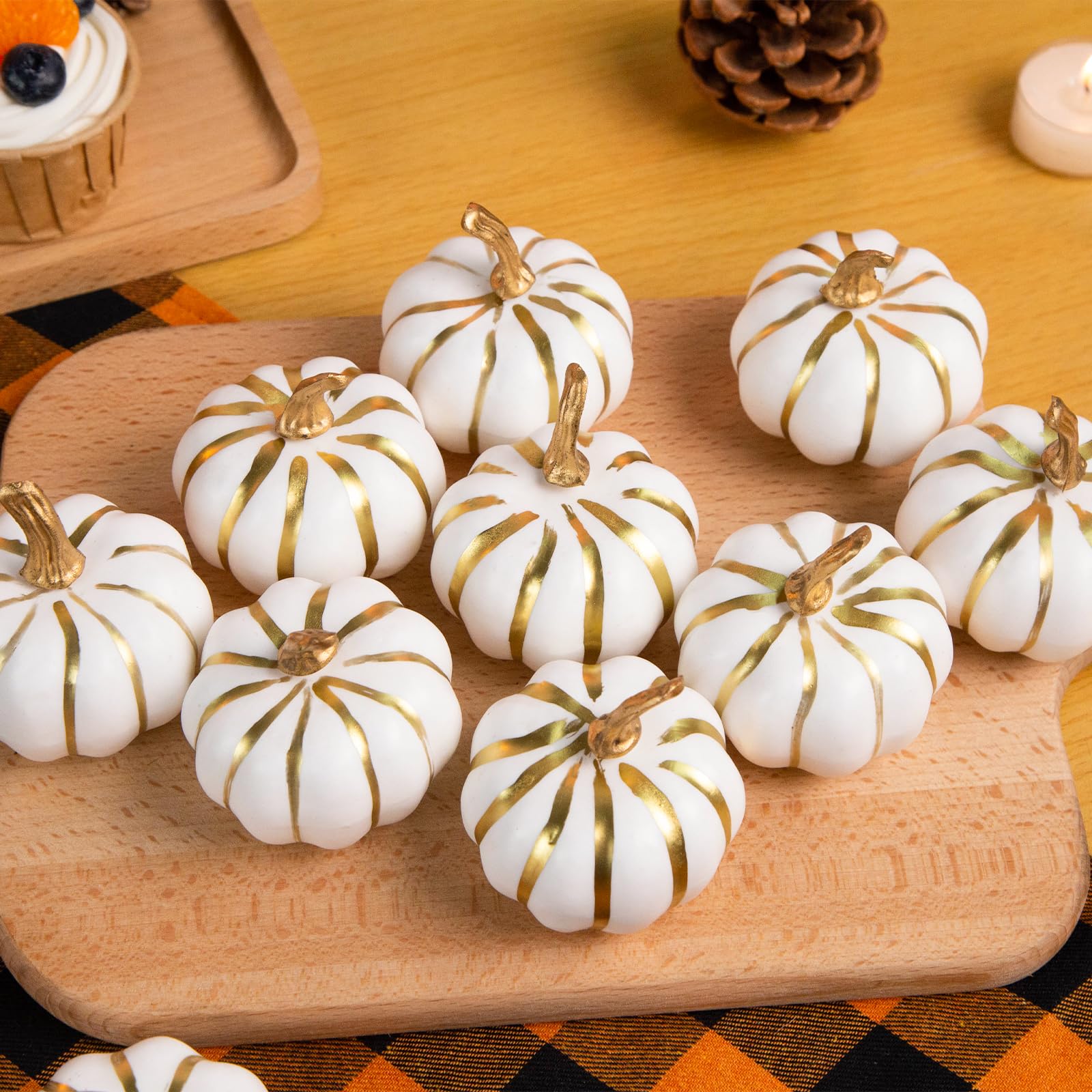 BigOtters 10PCS Pumpkins for Decoration, Artificial Pumpkin with Gold Lines Small White Foam Pumpkins for Fall Thanksgiving Halloween Table Decor