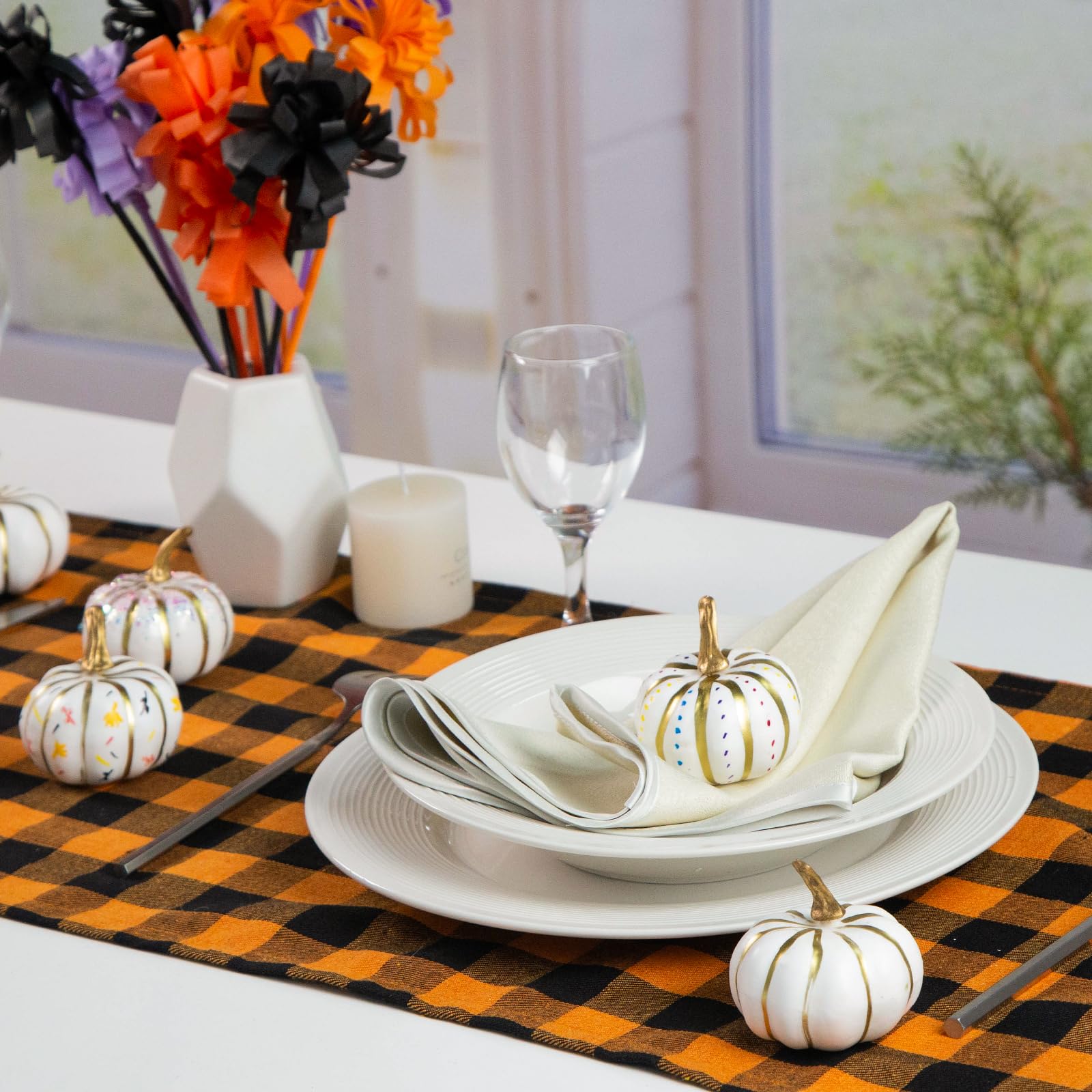 BigOtters 10PCS Pumpkins for Decoration, Artificial Pumpkin with Gold Lines Small White Foam Pumpkins for Fall Thanksgiving Halloween Table Decor