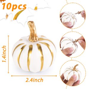 BigOtters 10PCS Pumpkins for Decoration, Artificial Pumpkin with Gold Lines Small White Foam Pumpkins for Fall Thanksgiving Halloween Table Decor