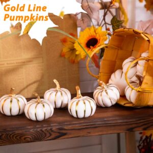 BigOtters 10PCS Pumpkins for Decoration, Artificial Pumpkin with Gold Lines Small White Foam Pumpkins for Fall Thanksgiving Halloween Table Decor