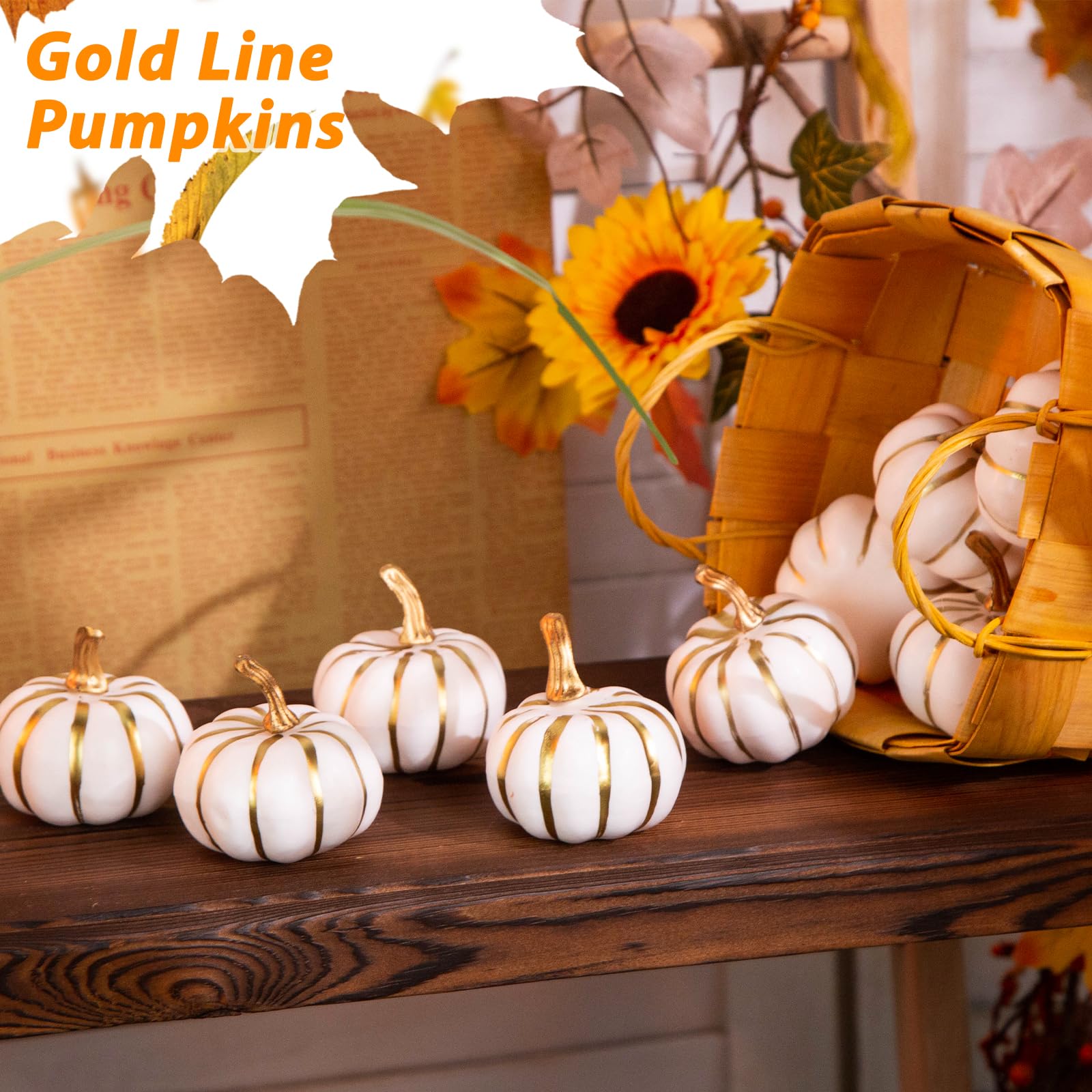 BigOtters 10PCS Pumpkins for Decoration, Artificial Pumpkin with Gold Lines Small White Foam Pumpkins for Fall Thanksgiving Halloween Table Decor