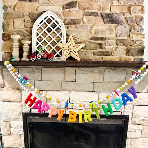 Meygajoe Pre-Strung Happy Birthday Banner - Felt Ball Garland - HAPPY BIRTHDAY Garland, Rainbow Birthday Decorations, Personalized Happy Birthday Sign for Birthday Decor, Party Decor, Photo Prop